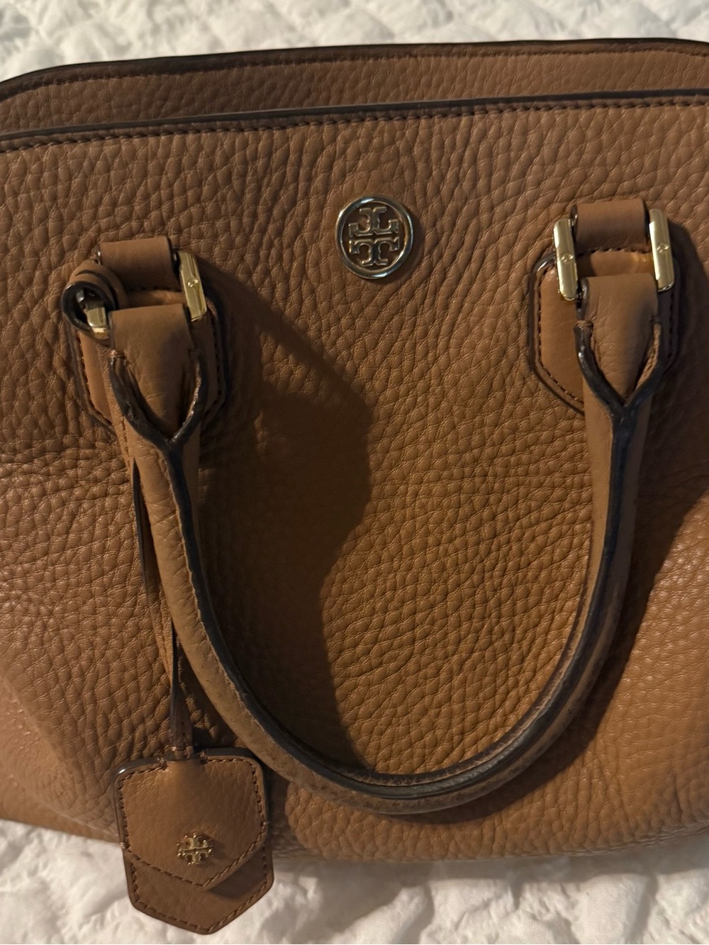 Tory Burch Tan Pebbled Leather Satchel with Gold Hardware